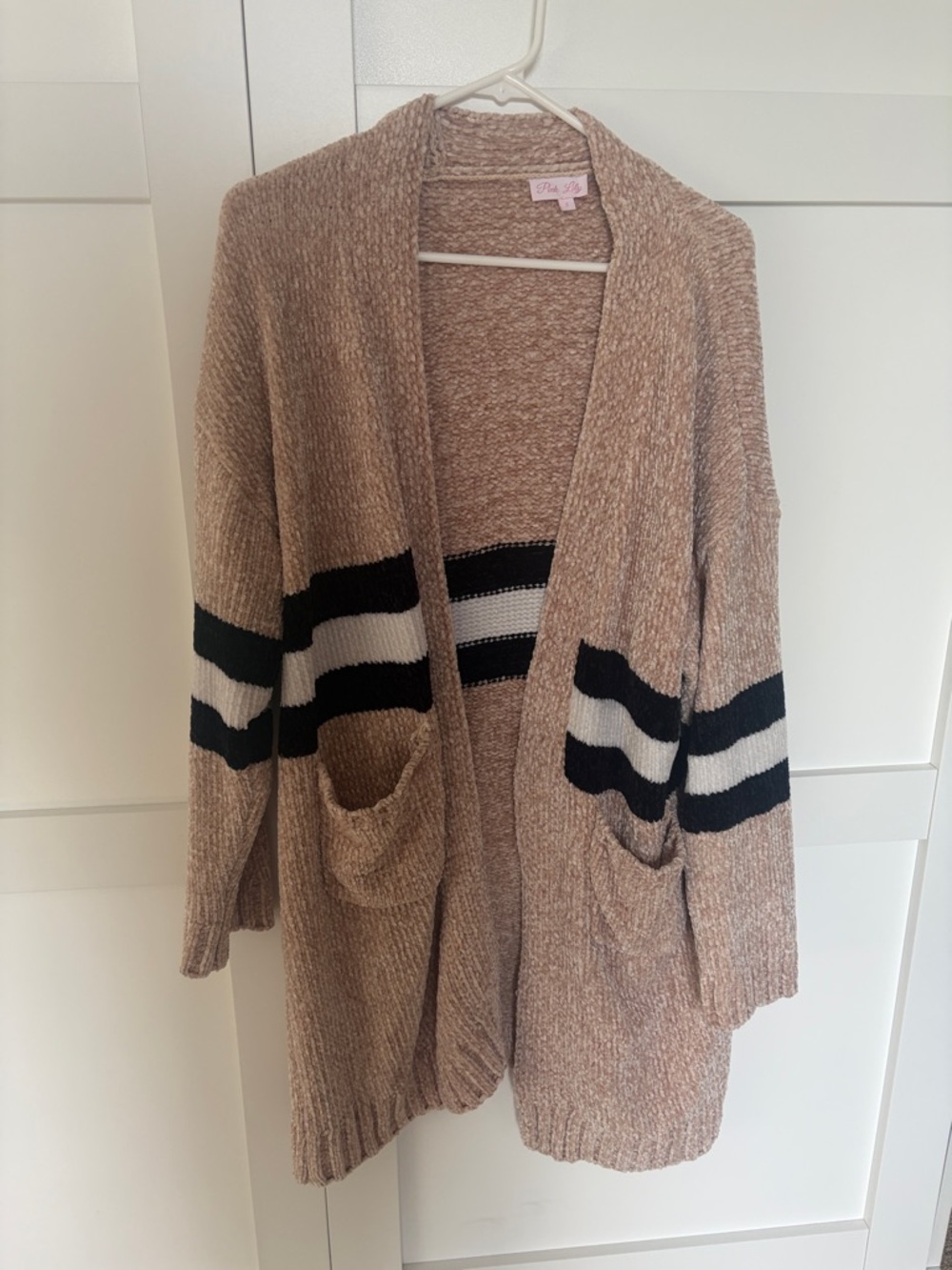 Pink Lily Taupe Open-Front Cardigan with Black and Cream Stripes
